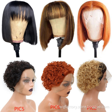 Cheap pixie cut human hair wig, colored short bob bangs human hair wig, bob fringe bang wig machine made fringe human hair wig